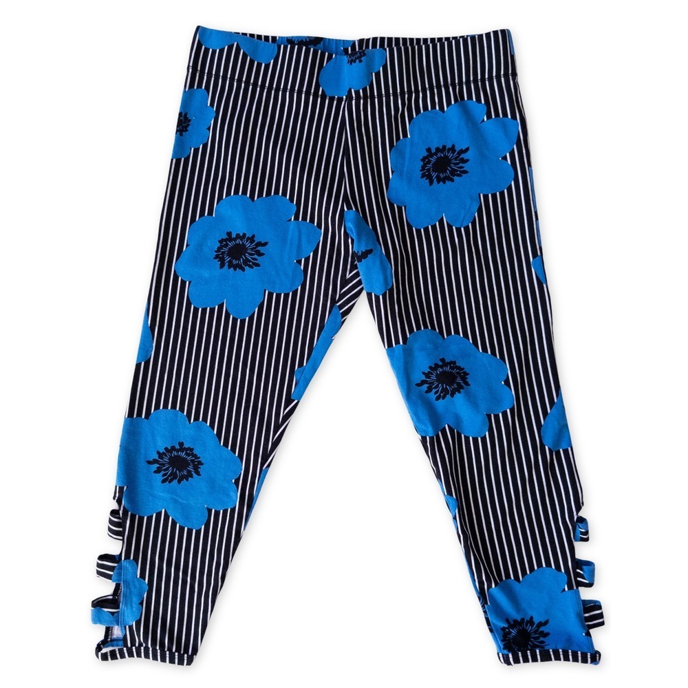 Mixit Floral Leggings Womens Large Blue Black White Stripe Cutout Mod Flower